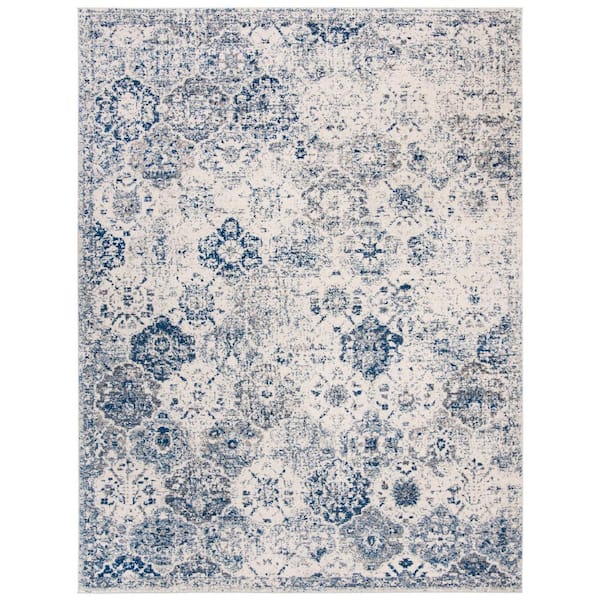 Madison White/Royal Blue 12 ft. x 18 ft. Border Floral Medallion Geometric Area Rug