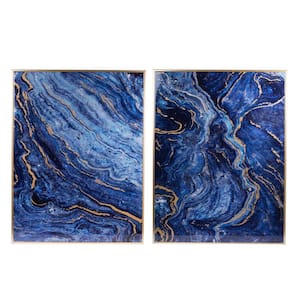 Anky Framed Art Print 40 in. x 30.5 in. Set of 2 Blue and Gold Framed Art Panels, Unique Marbled Design