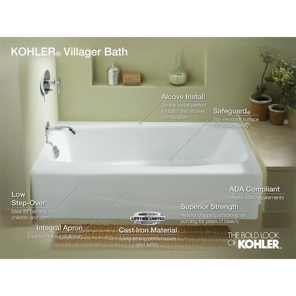 KOHLER Villager 60 in. x 30.25 in. Soaking Bathtub with Right-Hand Drain in Biscuit KOHLER Villager 60 in. x 30.25 in. Soaking Bathtub with Right-Hand Drain in Biscuit
