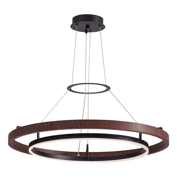 32 in. Modern 1-Light Wood and Black Circle Dimmable Integrated LED Chandeliers for Dining Room Kitchen Island