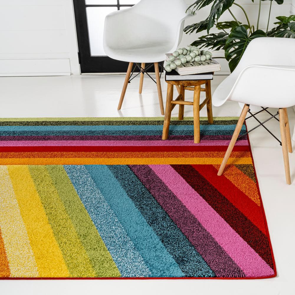 Retro Rainbow Multi-Color Synthetic Stripe Kids Area Rug 3' x 5'
