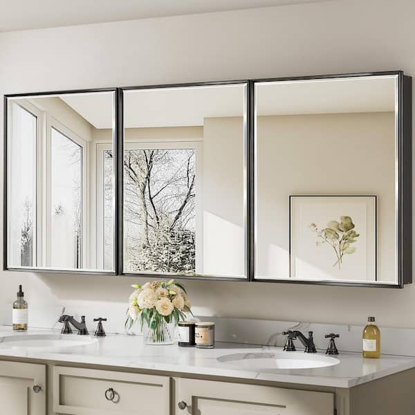 Musey 72 in W x 30 in H Black Rectangular Aluminum Medicine Cabinet with Beveled Mirror and Shelves, Recessed or Surface