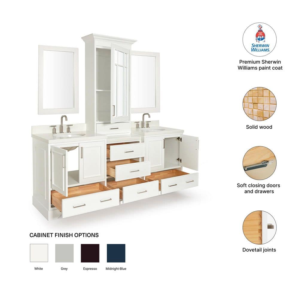 Stafford 85" White Double Sink Vanity Set with Quartz Top