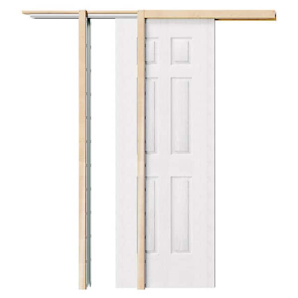 32 in. x 80 in. 6 Panel, Hollow Core, White Primed, MDF, Textured Pre-Assembled Sliding Door with All Hardware