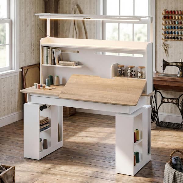 FUFU&GAGA 55.1 in. Rectangular White Wood Desk with Adjustable