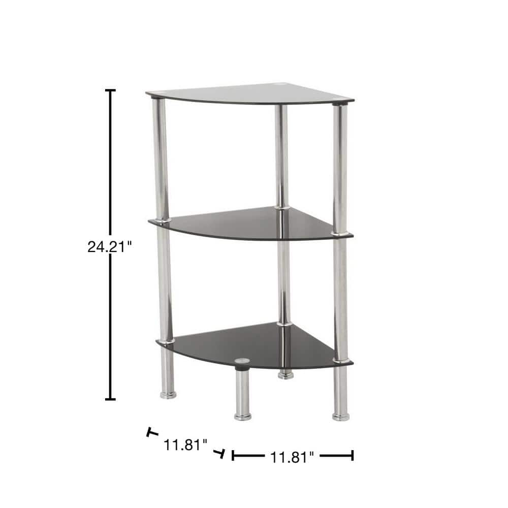 Black Glass and Chrome 3-Shelf Corner Unit