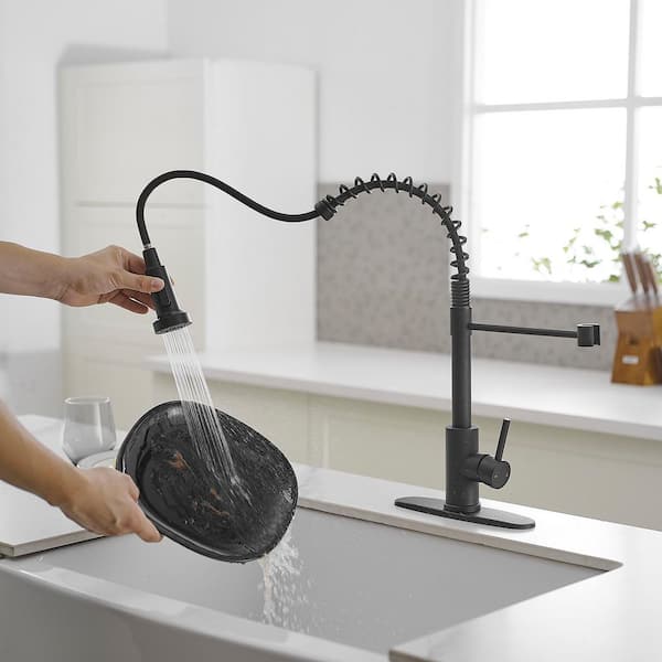 Commercial Style Spring Matte Black 19.01 in. H 2-Func Pull-Down Brass Faucet W/ 360° Swivel