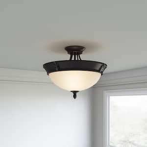 15 in. 2-Light Oil-Rubbed Bronze Semi-Flush Mount with Tea Stained Glass Shade
