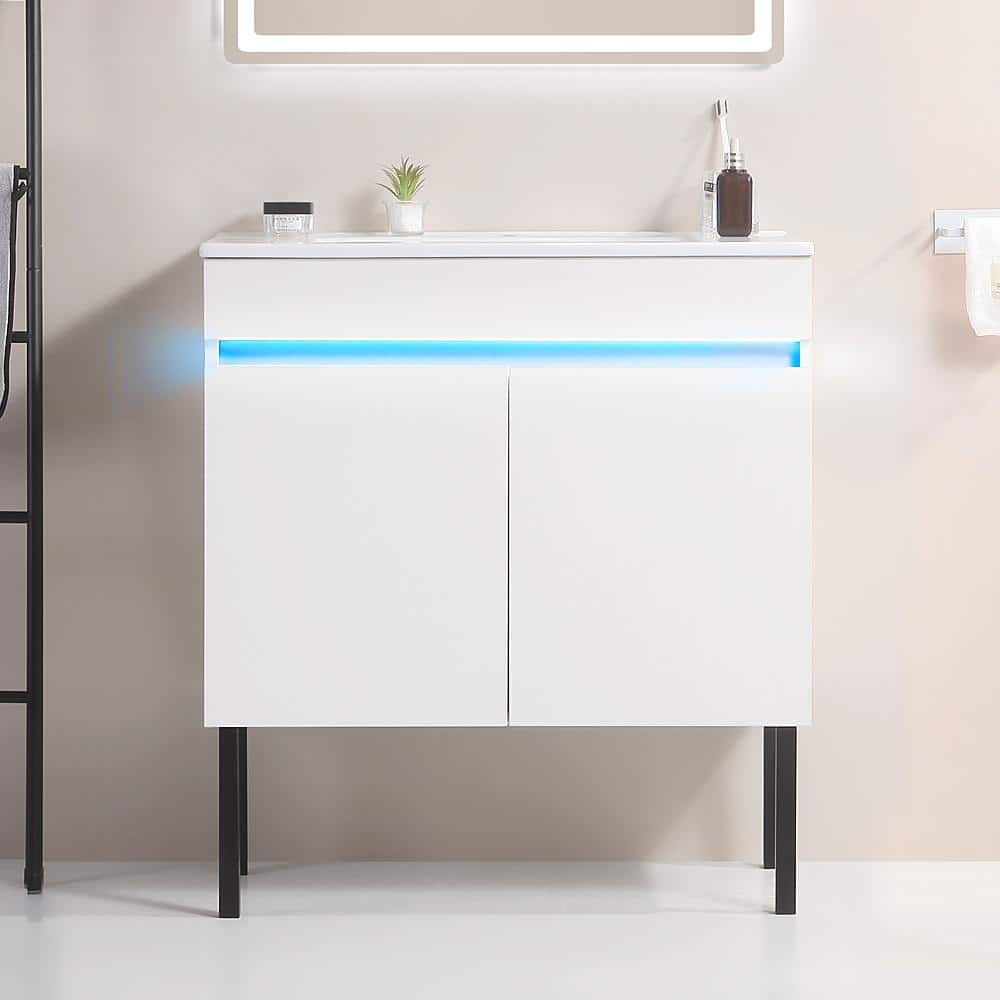 30 in. W x 18 in. D x 32 in. H Freestanding Bathroom Vanity in White with R