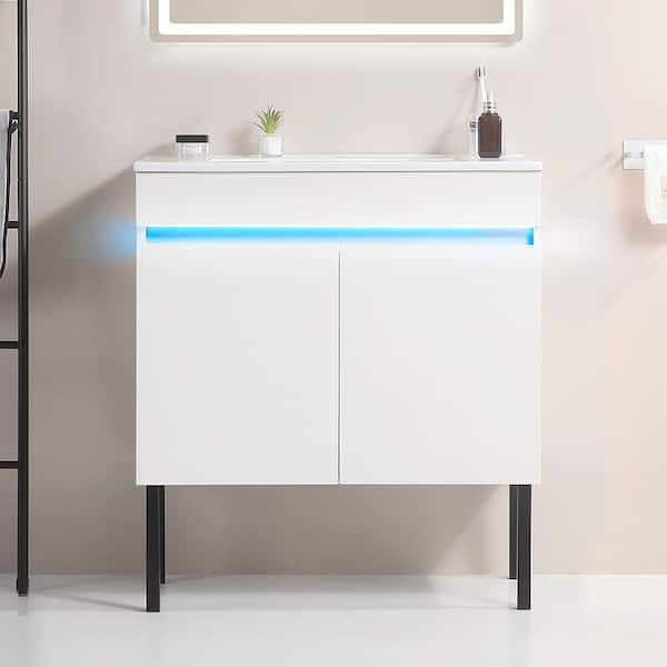 Unbranded 30 in. W x 18 in. D x 32 in. H Freestanding Bathroom Vanity in White with Radar Sensing Light with Ceramic sink Top