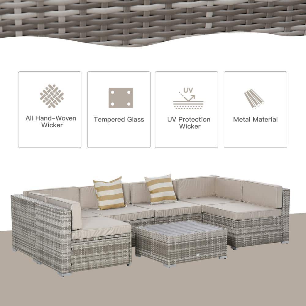 Beige 7-Piece Wicker Rattan Outdoor Sectional Sofa Set with Cushions