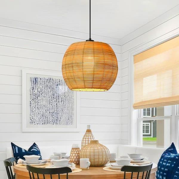1-Light Boho Hand-Woven Natural Rattan Single Pendant for Kitchen Island Dining Room Living Room