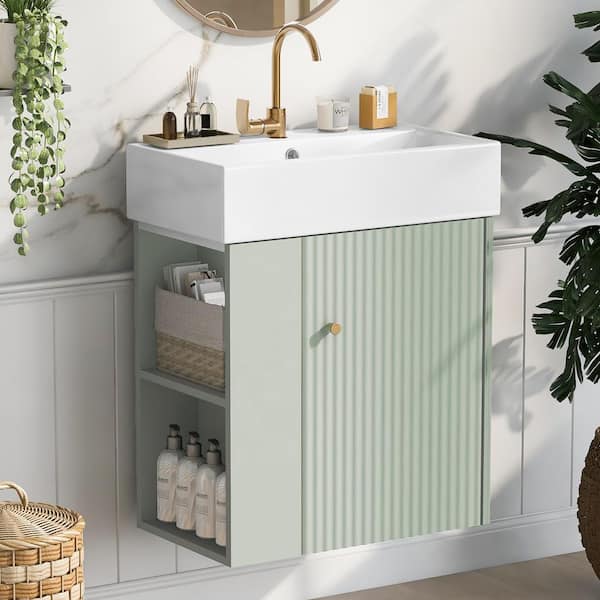 21.6 in. W Single Sink Floating Green Bath Vanity with White Ceramic Top, Soft Close Door, Left Side Storage