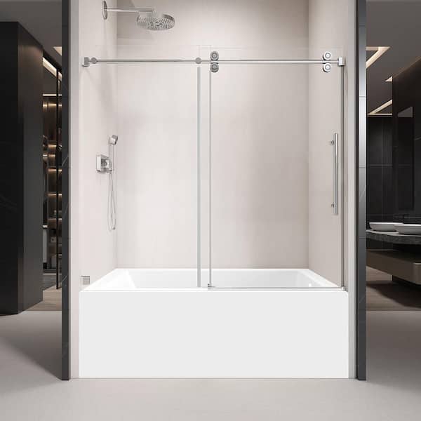 60 in. W x 66 in. H Single Sliding Frameless Tub Door in Chrome with Clear 3/8 in. Glass