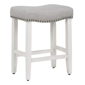 Jameson 24 in Counter Height Antique White Wood Backless Nailhead Trim Barstool, Upholstered Gray Linen Saddle Seat