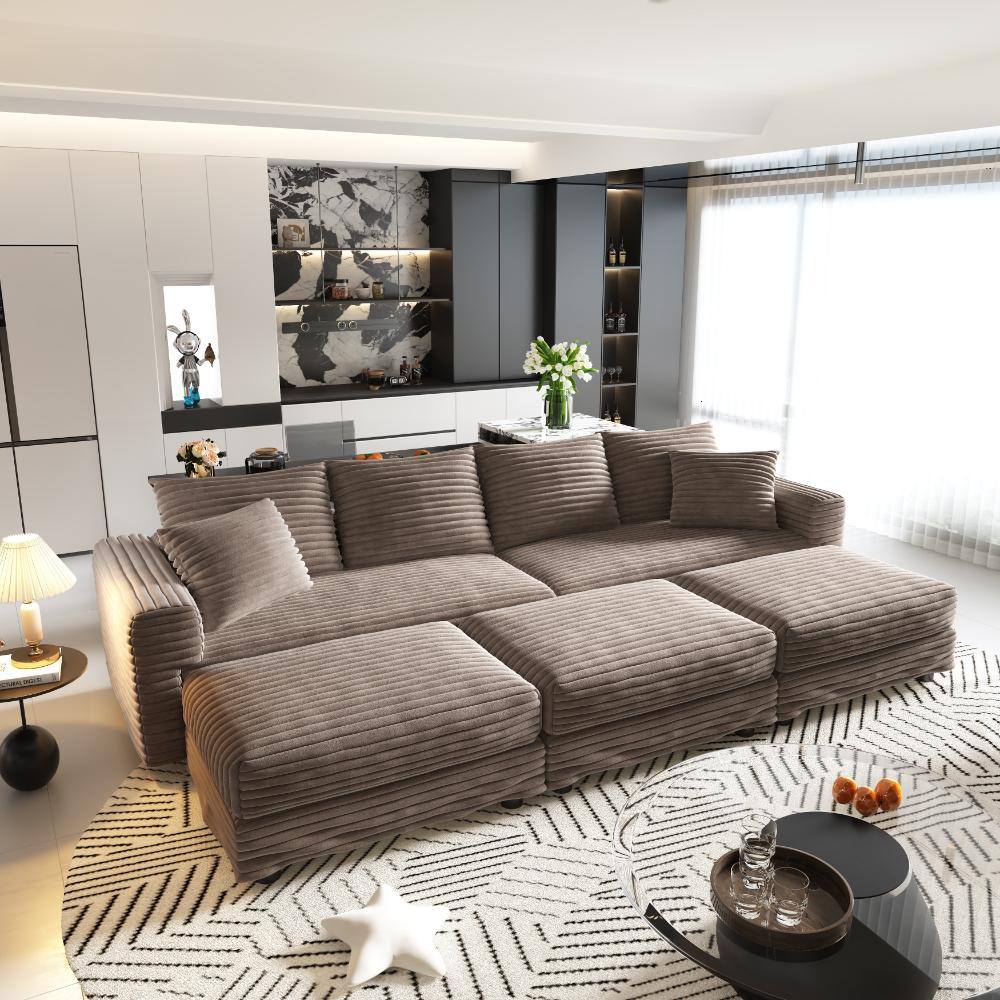 Camel 102.4 in. Comfy Corduroy Upholstered 4-Seat Convertible Sofa with 3 Ottomans and Pillows price history on PriceWatchPro