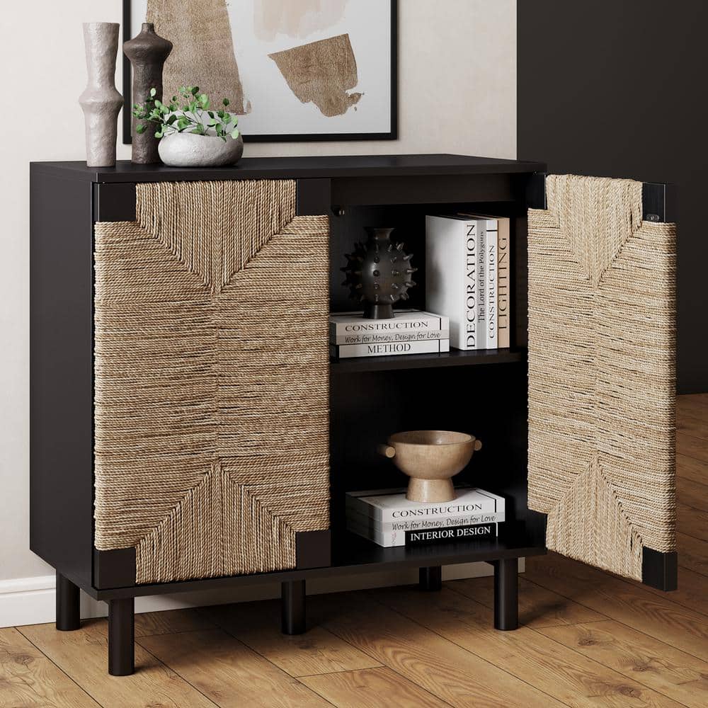 Beacon Black Wood and Seagrass 2-Door Storage Cabinet