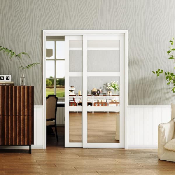 TENONER 60in x 80in, MDF Solid Core, Mirrored Glass, 3 Lite, PVC Covering, White Sliding Door with All Hardware