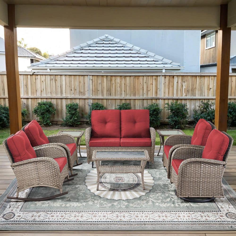 PlainCurve 8-Piece Gray Wicker Patio Conversation Set with Glider Loveseat and Olefin Red Cushions price history on PriceWatchPro
