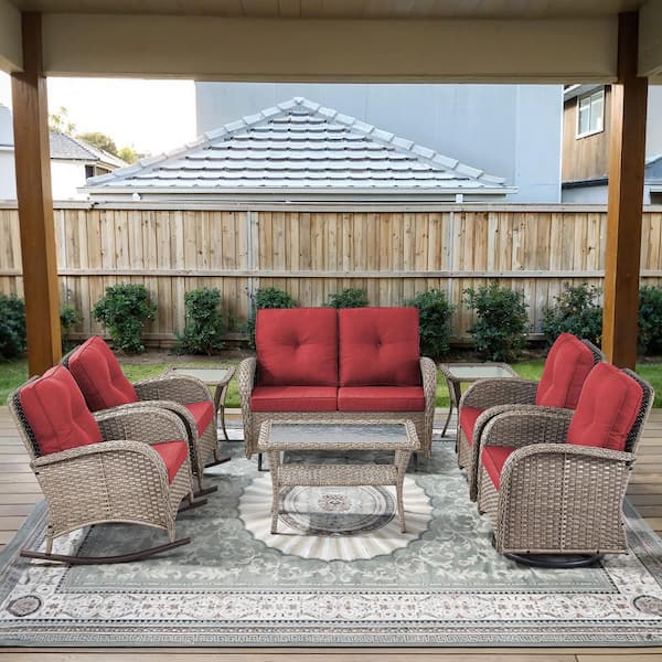PlainCurve 8-Piece Gray Wicker Patio Conversation Set with Glider Loveseat and Olefin Red Cushions