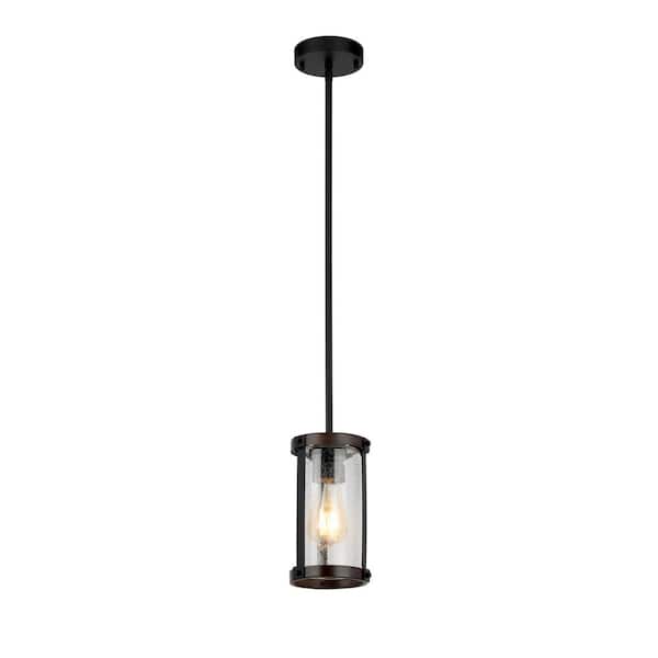 Hampton Bay Collier 1-Light Matte Black and Darker Brown Outdoor Mini-Pendant Light with Clear Seeded Glass