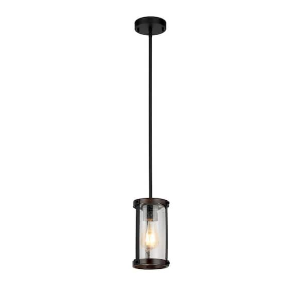 Hampton Bay Collier 53 in. 1-Light Matte Black and Darker Brown Outdoor Hanging Light Mini-Pendant Light with Clear Seeded Glass