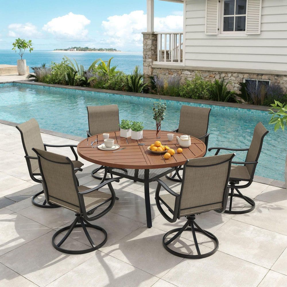 7-Piece All-Weather Metal Outdoor Patio Dining Set with 47.2 in. Walnut Round Table and 6 Brown Swivel Chairs price history on PriceWatchPro