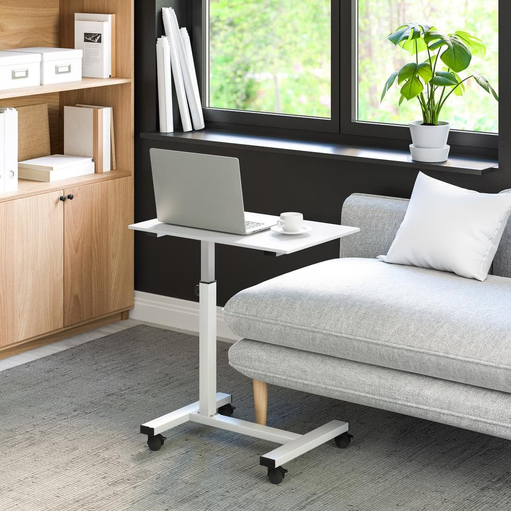 White Adjustable Height Rolling Laptop Desk with Wheels