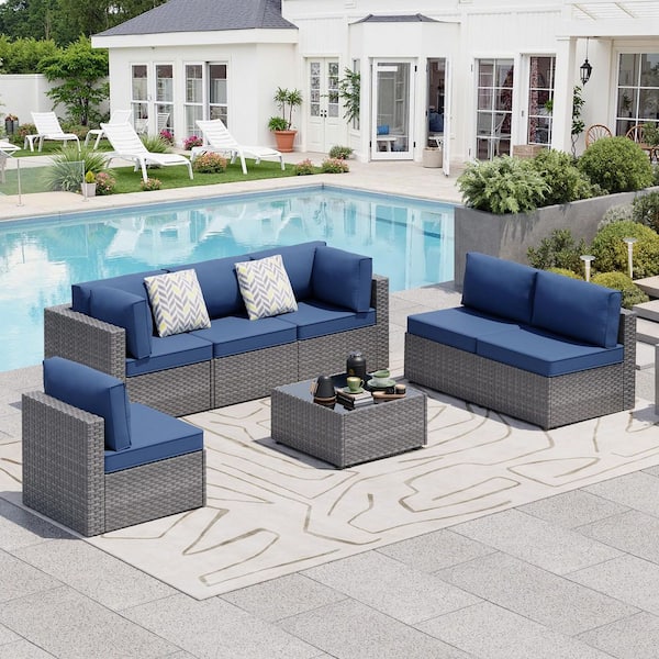 Toko HF Dibloc blue RSS 4個セット Celebalcony 7-Piece Wicker Outdoor Sectional Sofa Set with Navy