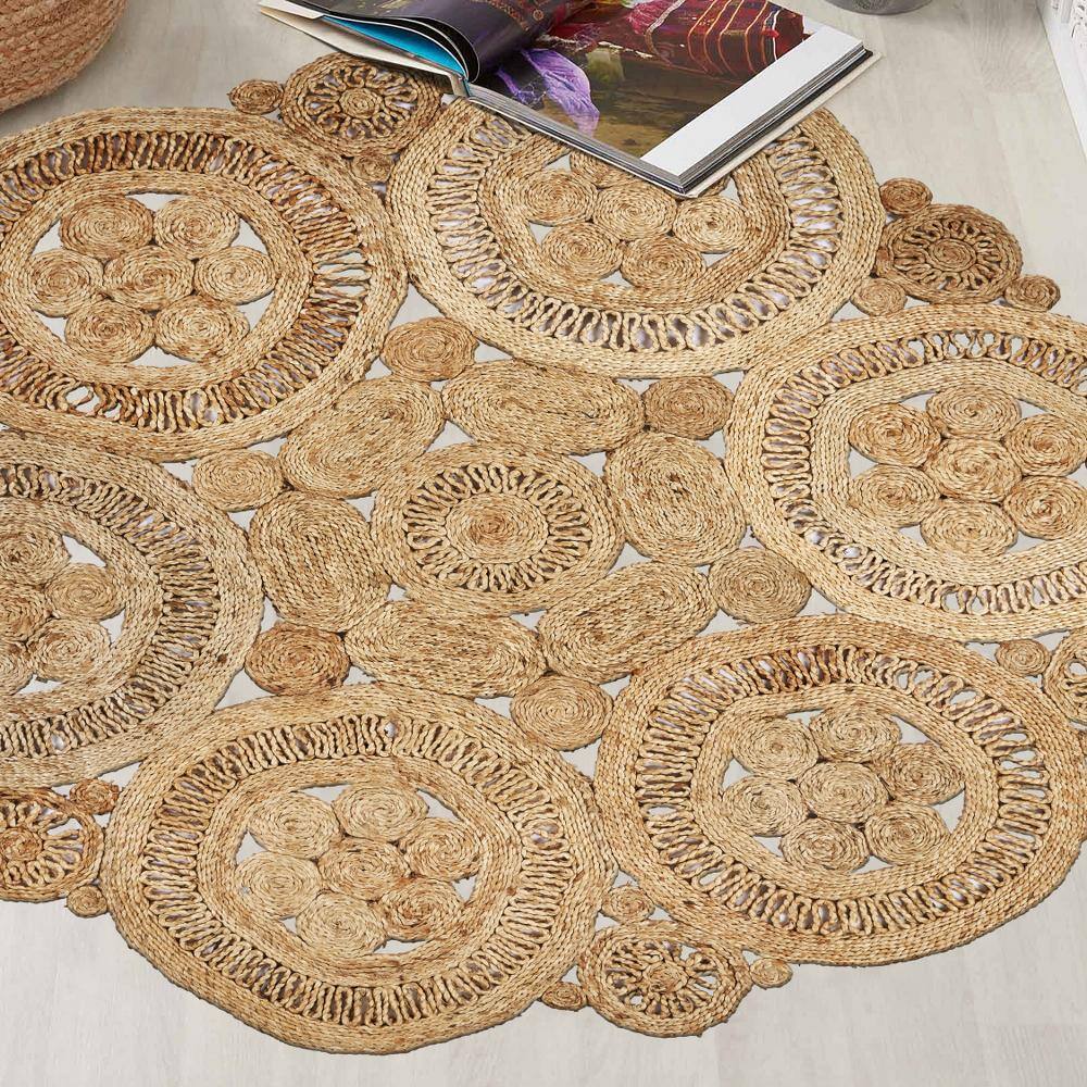 Handmade Geometric Blue Braided Round Rug, Stain-Resistant, 48"