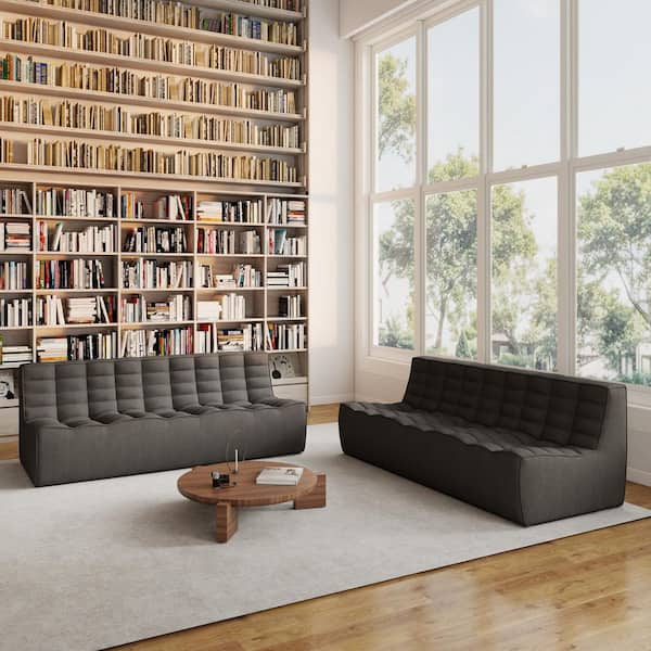 Magic Home Set of 2-Armless 2-Piece Linen Modular Sectional Sofa 82.6 in. 3-Seater Fireside Lazy Floor Sofa Couch in Black