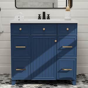 36 in. W x 18 in. D x 34 in. H Classic Freestanding Bathroom Vanity in Blue with Combo Cabinet and White Resin Sink Top