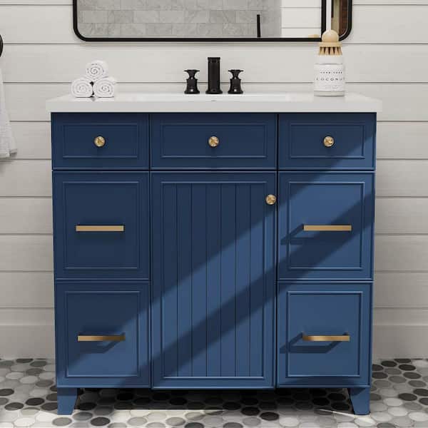 MYCASS 36 in. W x 18 in. D x 34 in. H Classic Freestanding Bathroom Vanity in Blue with Combo Cabinet and White Resin Sink Top