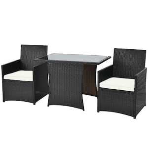 3-Piece Patio Wicker Bistro Set PE Rattan Dining Table Set with White Cushions