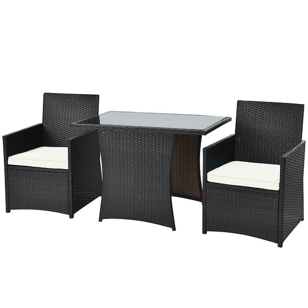 ANGELES HOME 3-Piece Patio Wicker Bistro Set PE Rattan Dining Table Set with White Cushions