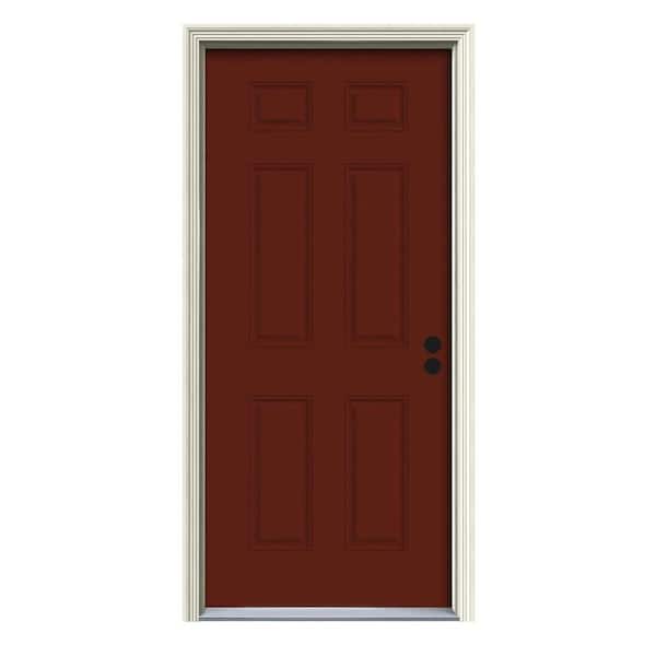 JELD-WEN 36 in. x 80 in. 6-Panel Mesa Red Painted Steel Prehung Left-Hand Inswing Front Door w/Brickmould
