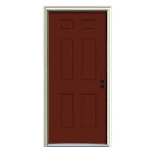 JELD-WEN 30 in. x 80 in. 6-Panel Mesa Red w/White Interior Steel Prehung Left-Hand Inswing Front Door w/Brickmould