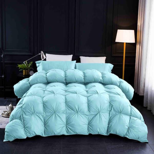 100% Cotton All Seasons King Size Pinch Pleat Feathers Goose Down Comforter, Aqua Sky