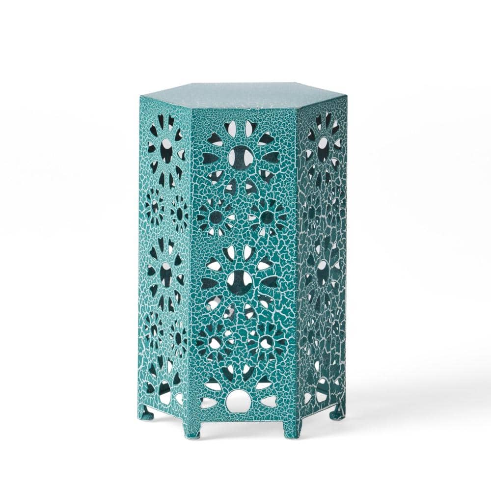 Modern 12 in. Iron Hexagon Outdoor Side Table, Teal Floral Cutout