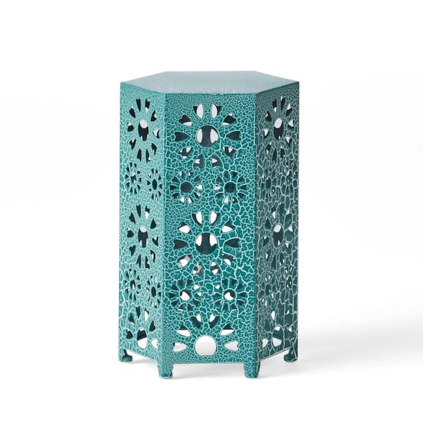 Modern 12 in. Iron Hexagon Outdoor Side Table, Teal Floral Cutout