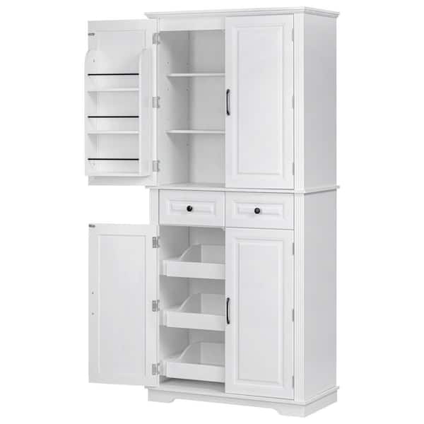 71.2 in. Tall White Kitchen Pantry Cabinet Sideboard with 3 Pull Out Cabinet Organizers, 6 Door Shelves, 2 Drawers