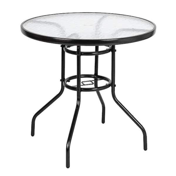 VINGLI 32 in. Round Black Metal Outdoor Dining Table with Umbrella Hole