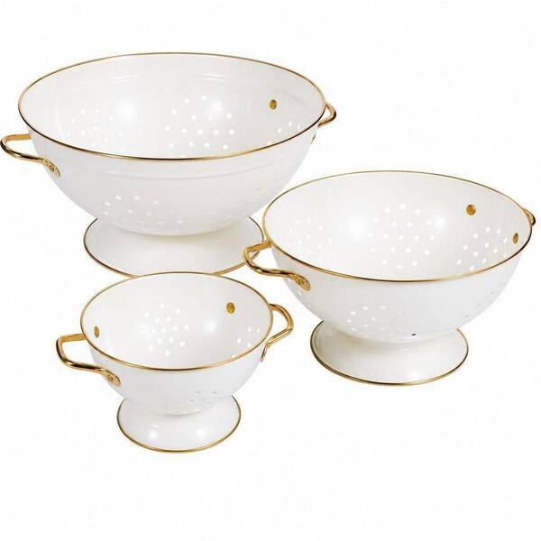Metal Colander Set of 3 Strainer Basket with Handles for Kitchen, Solid Base Powder Coated Kitchen Strainer in White