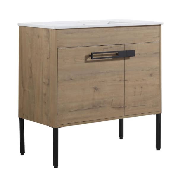 Dimakai 36 in. Single Sink Bathroom Vanity in Imitative Oak with White Ceramic Top