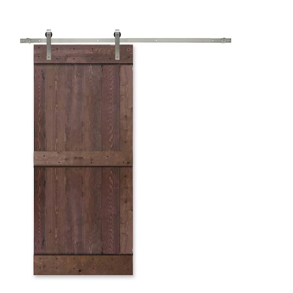 CALHOME 30 in. x 84 in. Mid-Bar Walnut Stain Knotty Pine Wood Interior Sliding Barn Door With Hardware Kit