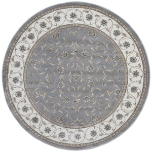 Pisa Gray 5 ft. Round Traditional Oriental Floral Scroll Area Rug