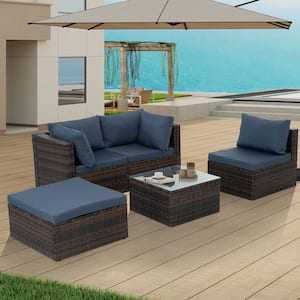 Outdoor Patio 5 Piece Brown PE Wicker Conversation Set Furniture Set with Tempered Glass Table and Blue Cushion Cushion