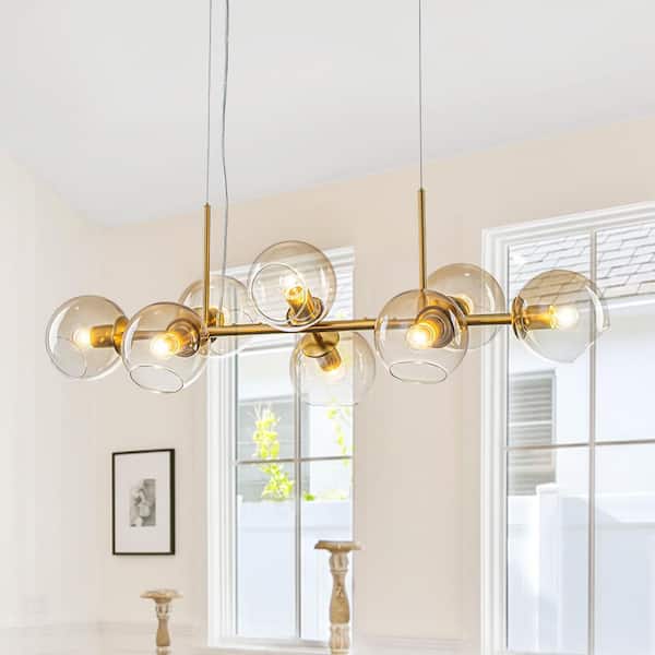 39.4 in. 8-Light Modern Brushed Gold Linear Chandelier with Open Gradient Brown Tinted Glass Globes Shade