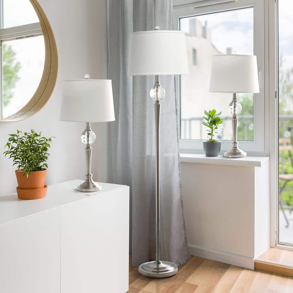 Elegant Silver Crystal Drop Floor & Table Lamp Trio Set with White Shades