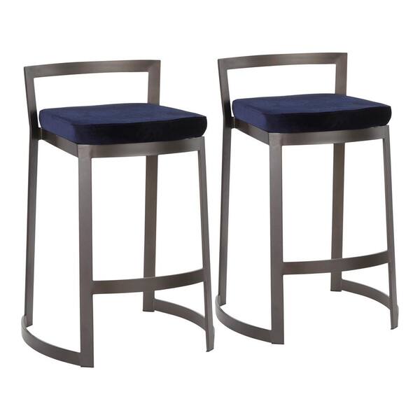 Lumisource Fuji DLX 28 in. Antique Counter Stool with Blue Velvet Cushion (Set of 2)